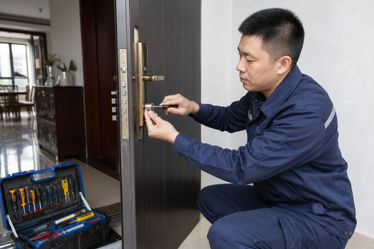 涛涛锁业师傅在住宅防盗门现场更换锁芯