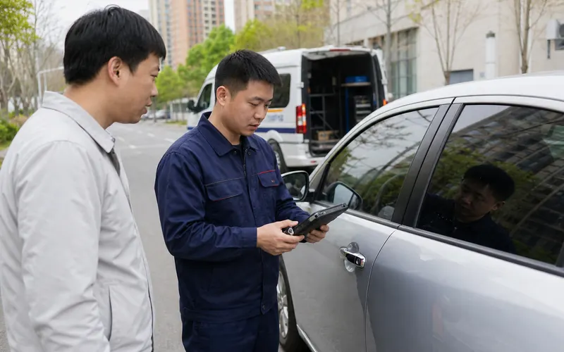 师傅与车主现场核验车辆信息
