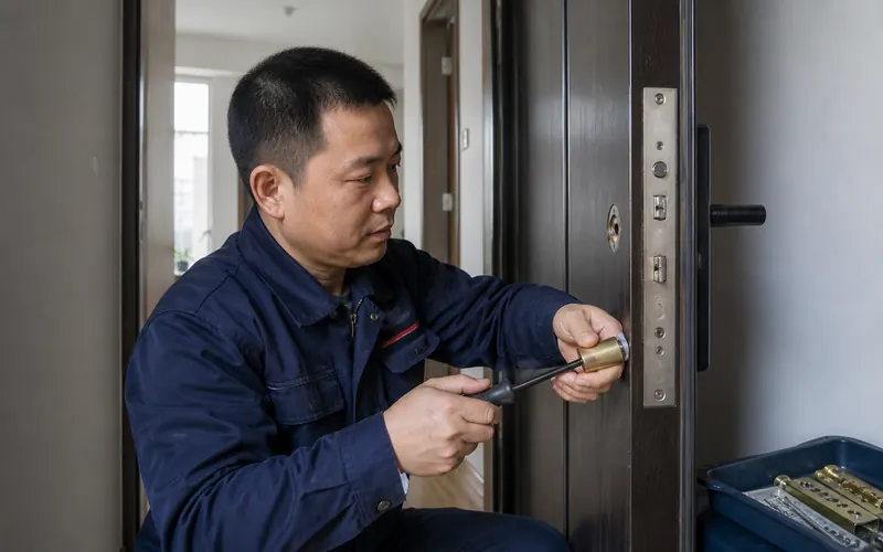 师傅为防盗门安装新锁芯