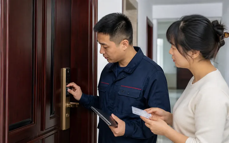 师傅现场核验信息并检查住宅门锁